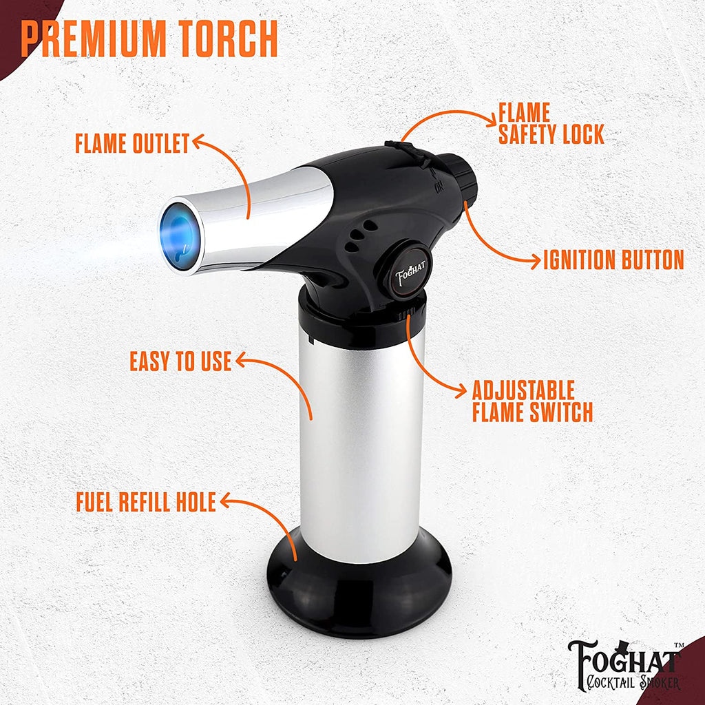 Foghat Culinary Torch — labeled diagram of ignition, safety lock, flame dial, and fuel port