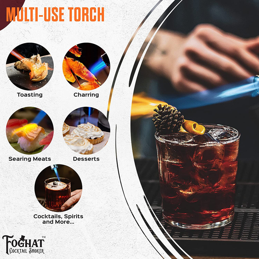 Foghat torch charring a citrus rim for a smoked Old Fashioned