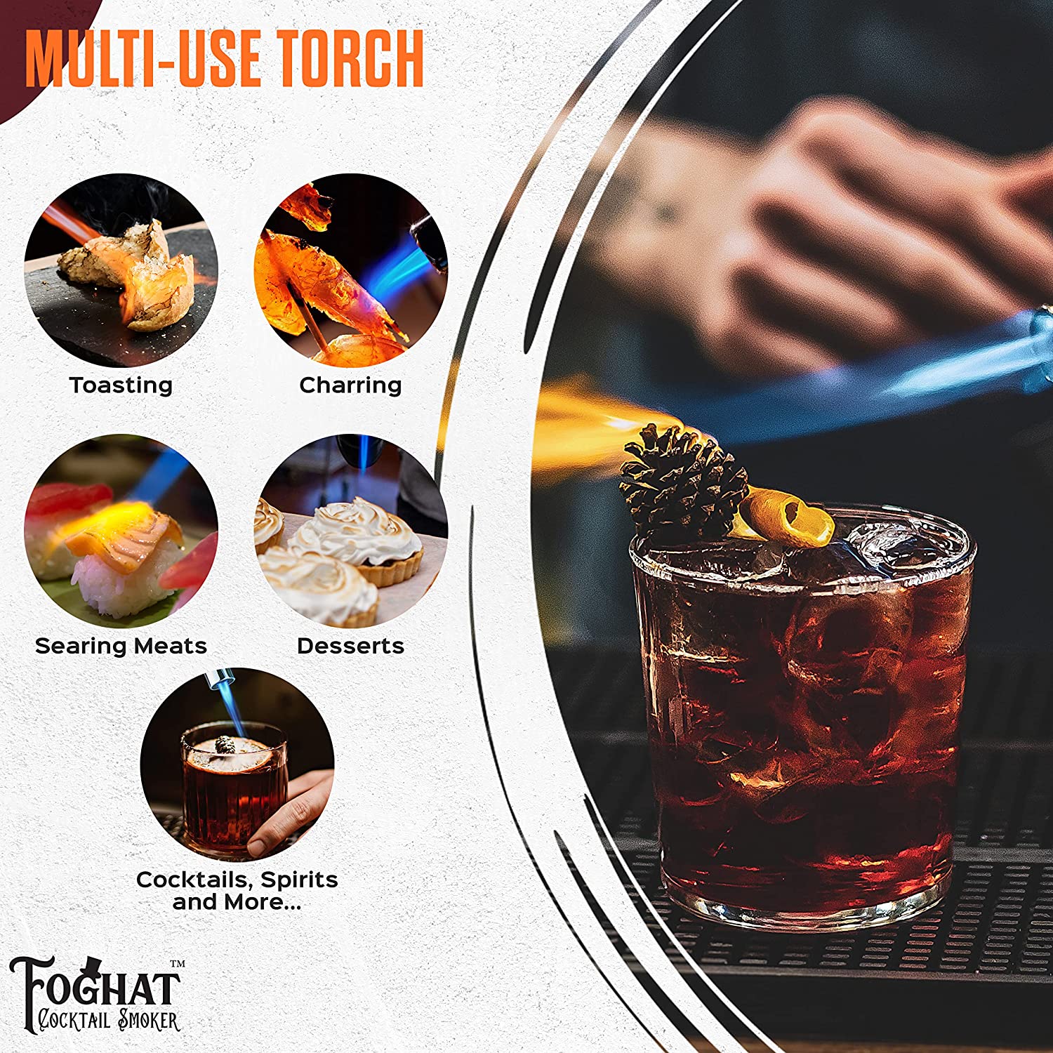 Foghat torch charring a citrus rim for a smoked Old Fashioned