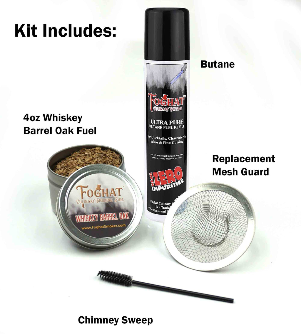 Foghat Cocktail Smoker Refill Kit — components laid out with tin lid removed to show oak chips