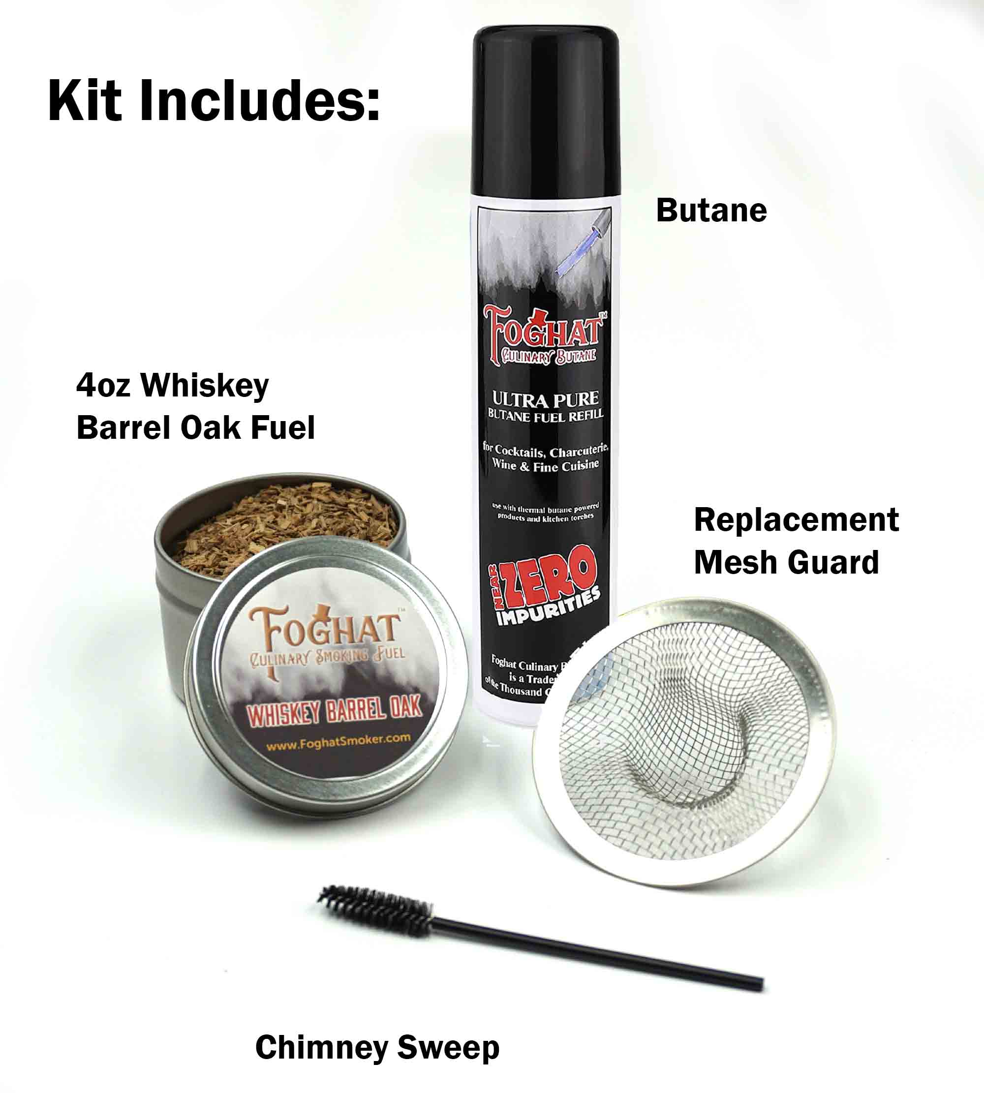 Foghat Cocktail Smoker Refill Kit — components laid out with tin lid removed to show oak chips